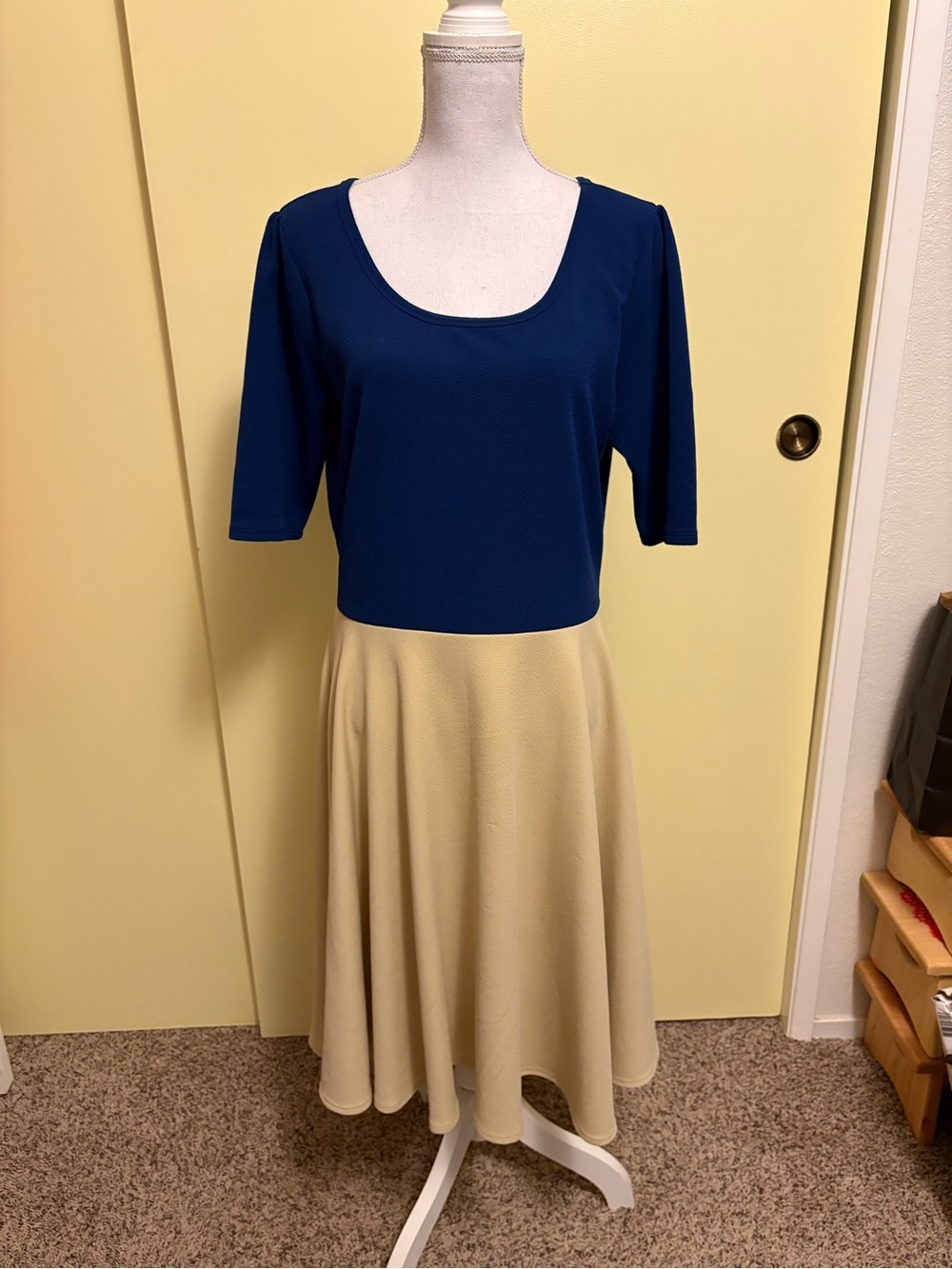 LuLaRoe Navy and Cream Scoop-Neck Midi Dress